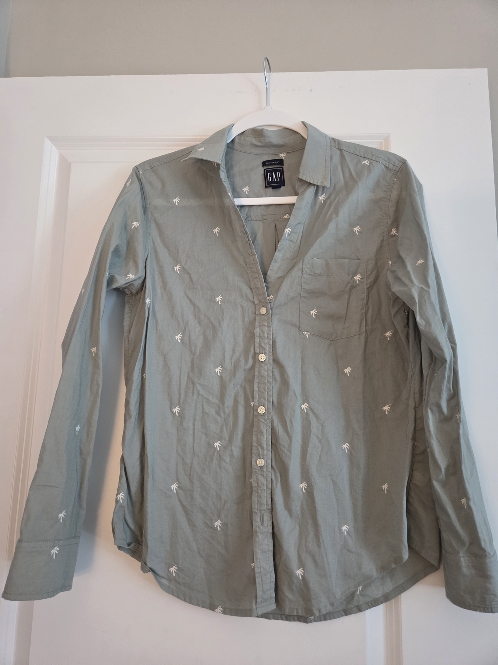GAP Women's Light Olive Green Button-Down Shirt with White Palm Embroidery